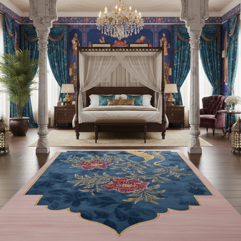 a bed room with hand painted mughal art and The Alcove Mural Hand Tufted Rug