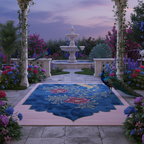 The Alcove Mural Hand Tufted Rug on outside floor with water fountain and garden