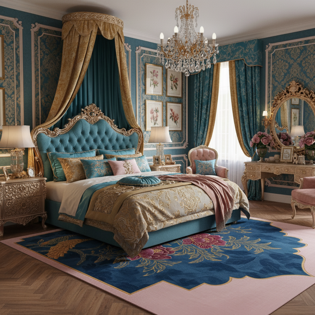 a blue palace inspired bedroom with The Alcove Mural Hand Tufted Rug