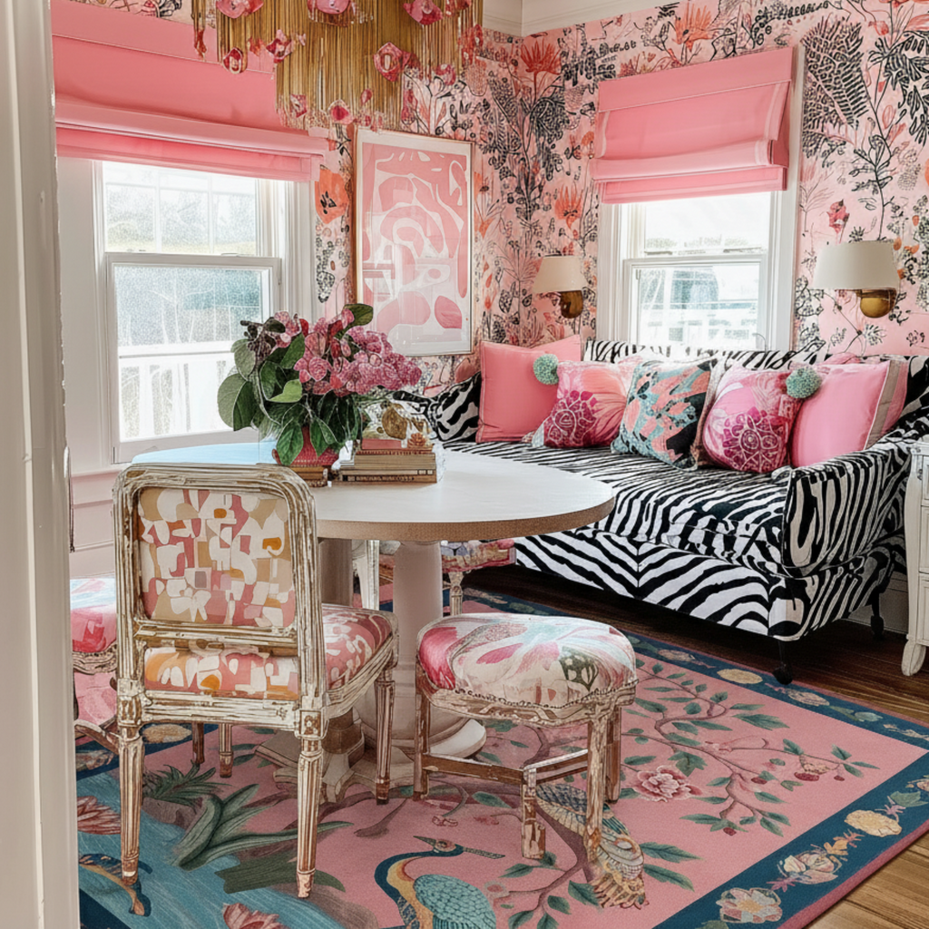 pink breakfast nook maximalist style with The Crane Garden Hand Tufted Wool Rug