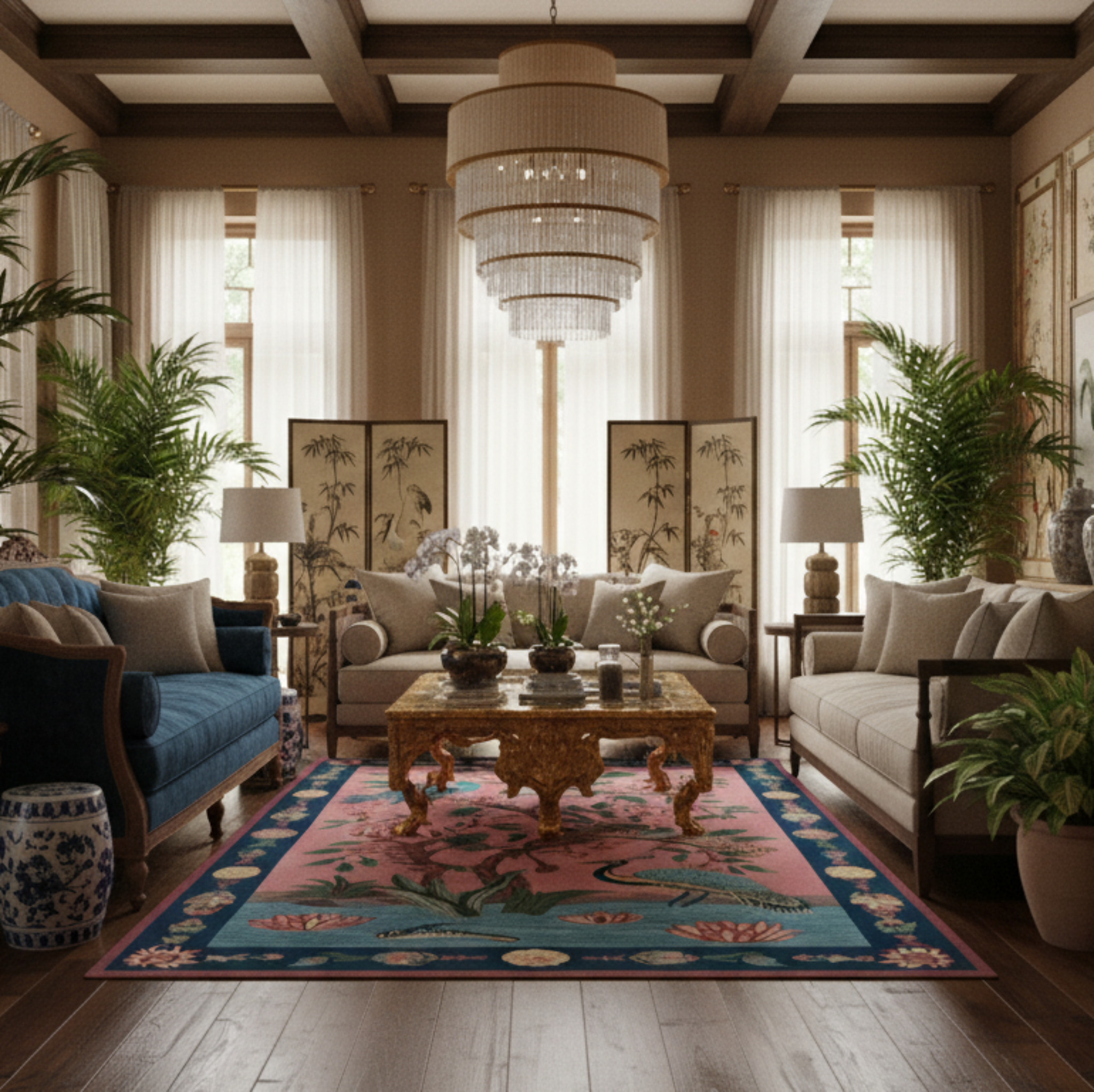 chinese living room with The Crane Garden Hand Tufted Wool Rug