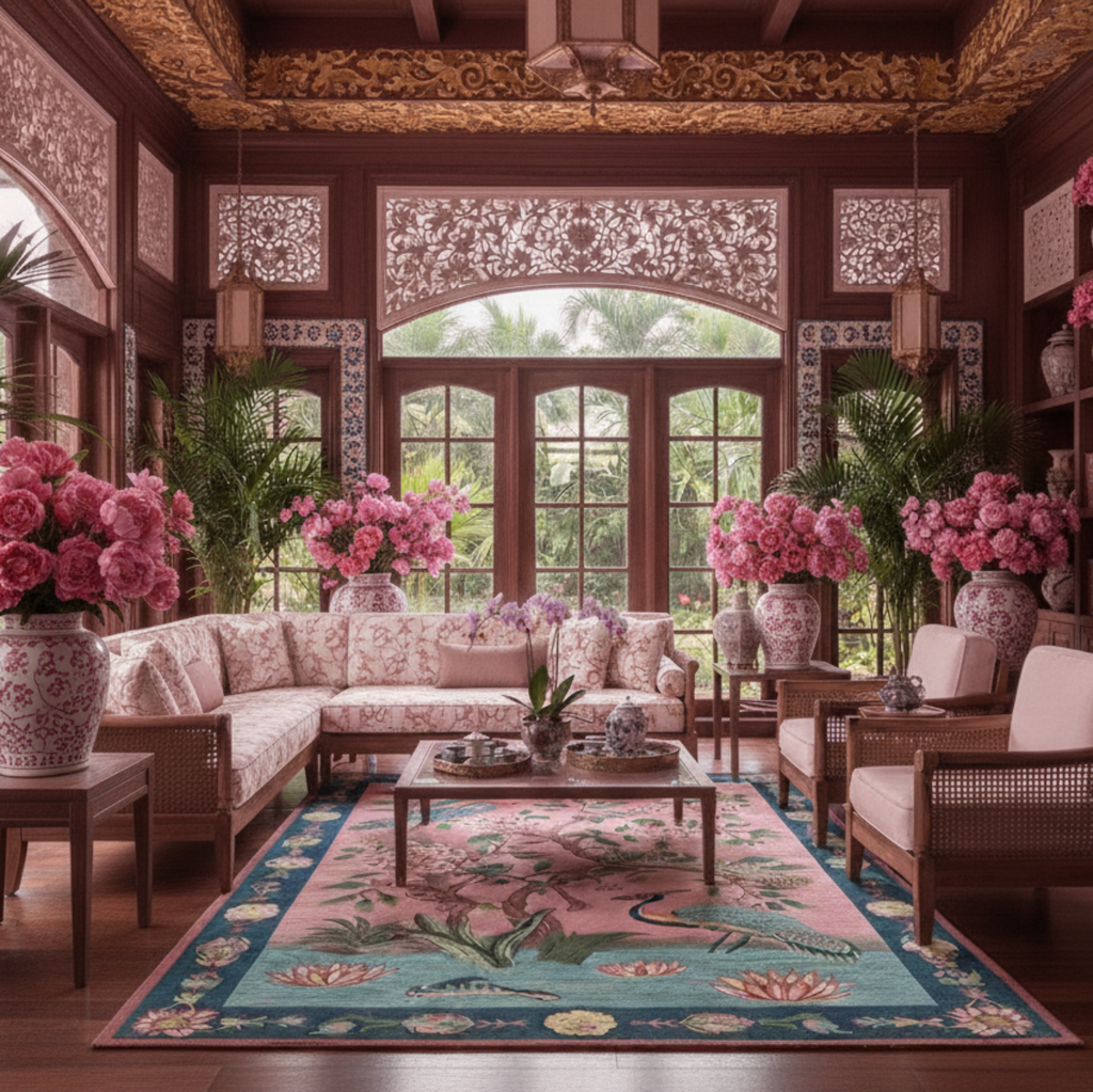 pink chinese inspired living room with The Crane Garden Hand Tufted Wool Rug