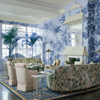 a hand painted living room chinoiserie style with Vine Gardenia Viscose Hand Tufted Rug