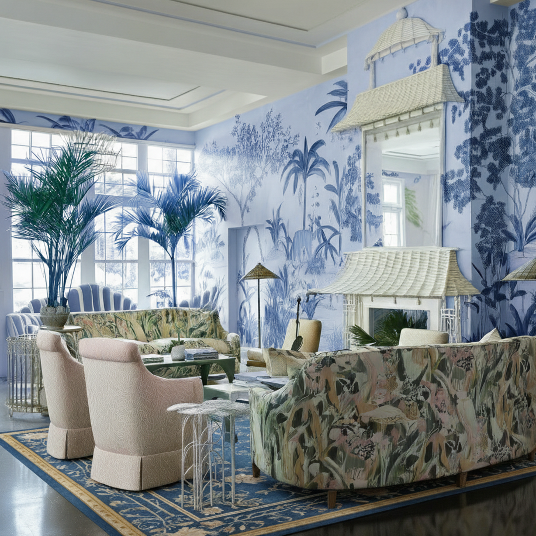 a hand painted living room chinoiserie style with Vine Gardenia Viscose Hand Tufted Rug