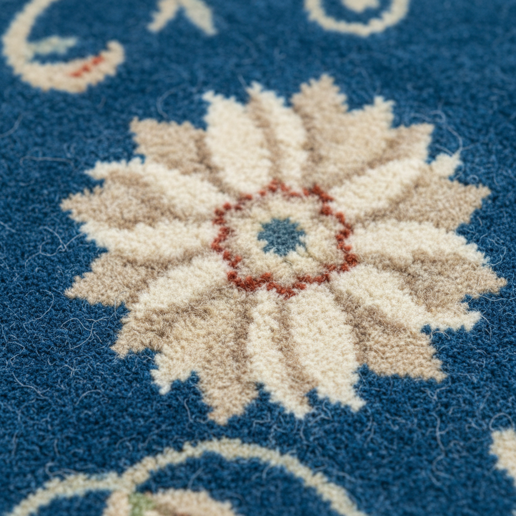 Close-up of a floral design on a blue fabric background