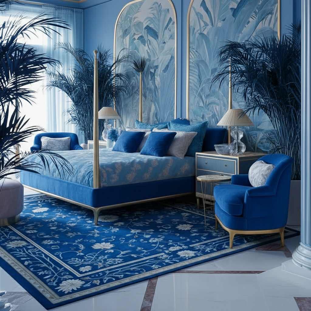 a blue floral transitional bed room theme with Vine Gardenia Viscose Hand Tufted Rug