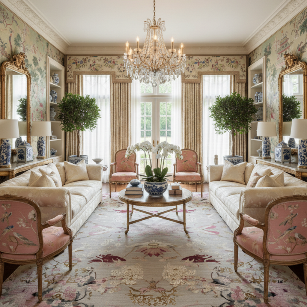 a chinoiserie chic inspired luxurious living room with Whispers of Spring Hand Knotted Wool Rug