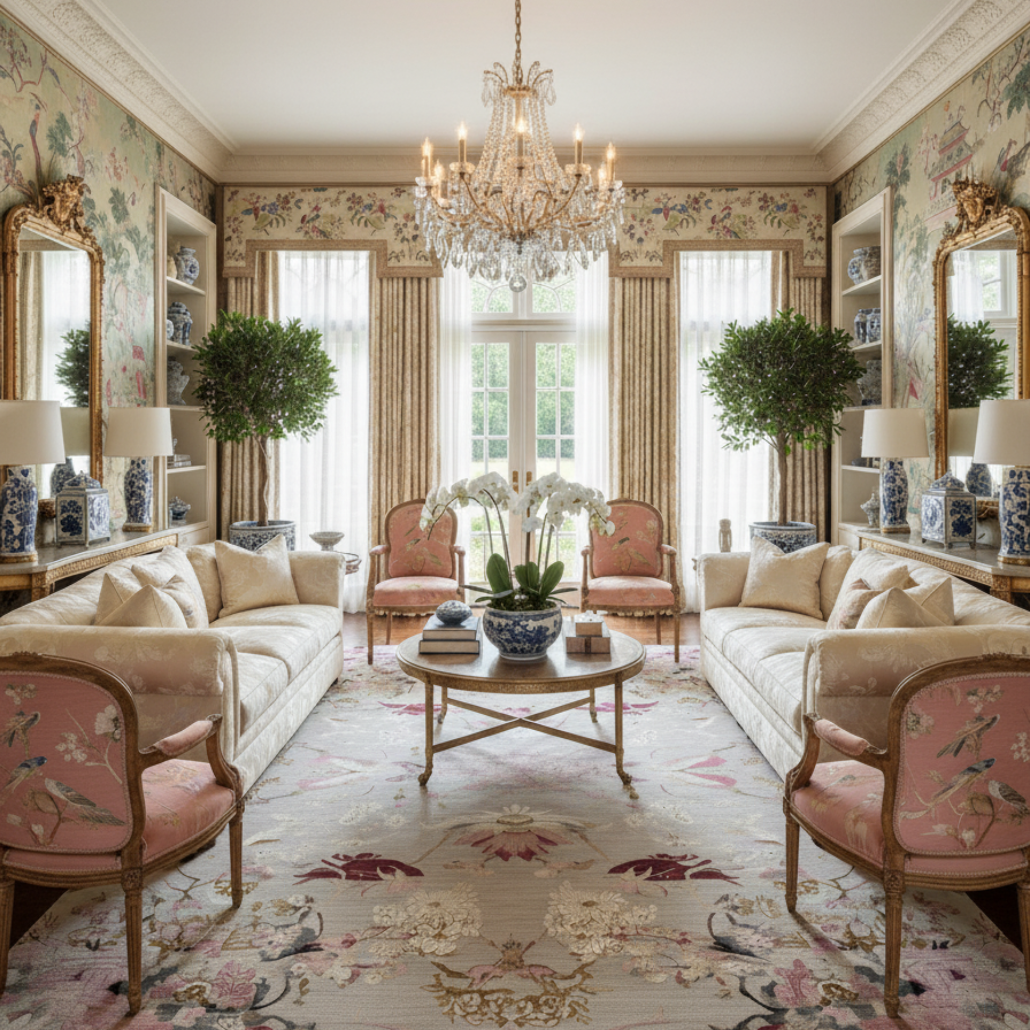 a chinoiserie chic inspired luxurious living room with Whispers of Spring Hand Knotted Wool Rug