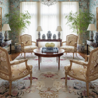 a chinoiserie inspired livin groom with  Whispers of Spring Hand Knotted Wool Rug