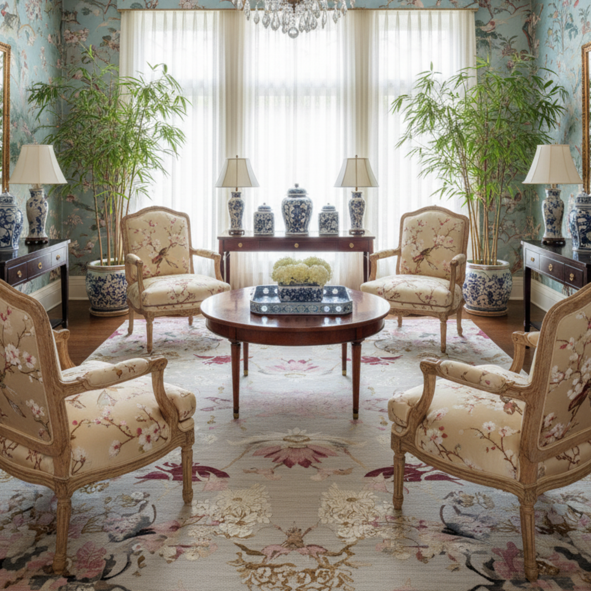a chinoiserie inspired livin groom with  Whispers of Spring Hand Knotted Wool Rug