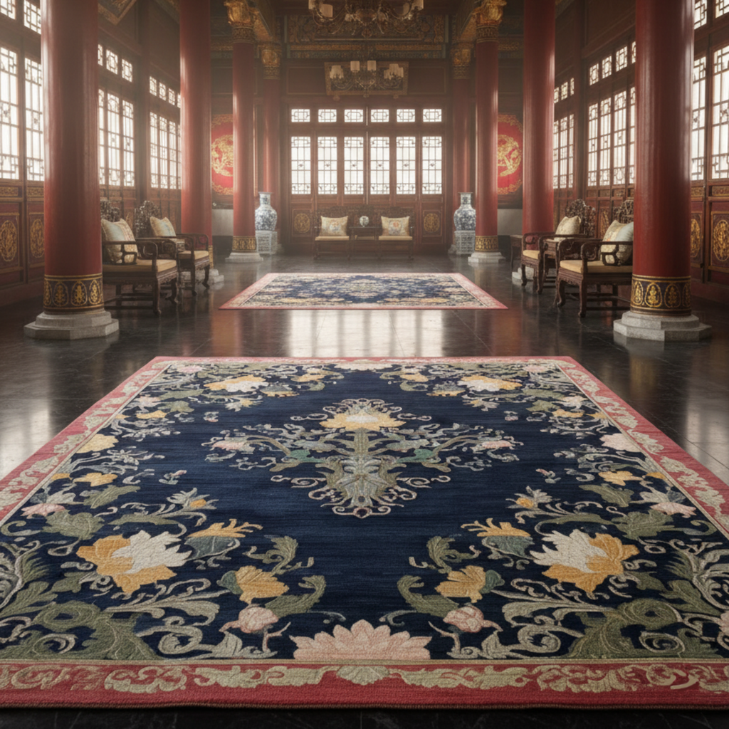 Decorative rug with intricate patterns in a grand room with high ceilings and large windows.
