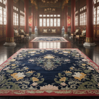 Decorative rug with intricate patterns in a grand room with high ceilings and large windows.