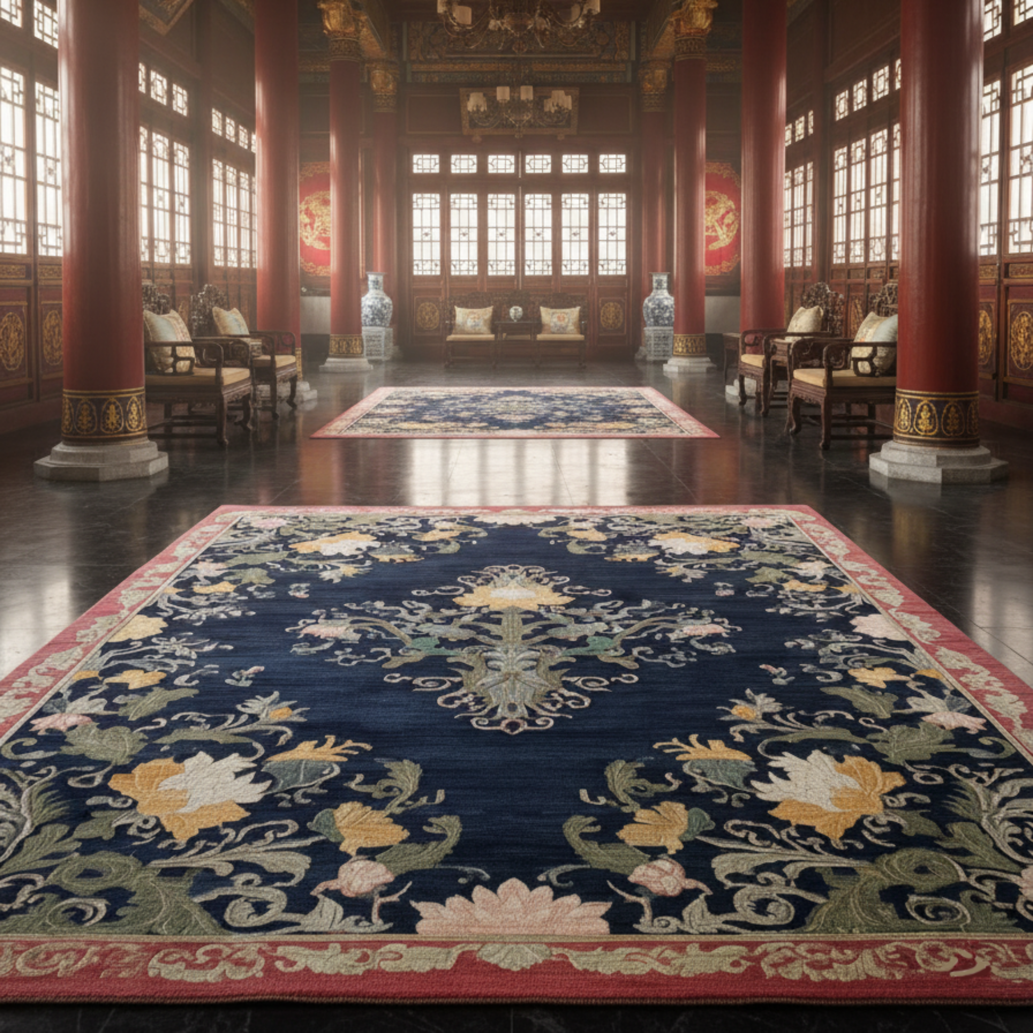 Decorative rug with intricate patterns in a grand room with high ceilings and large windows.