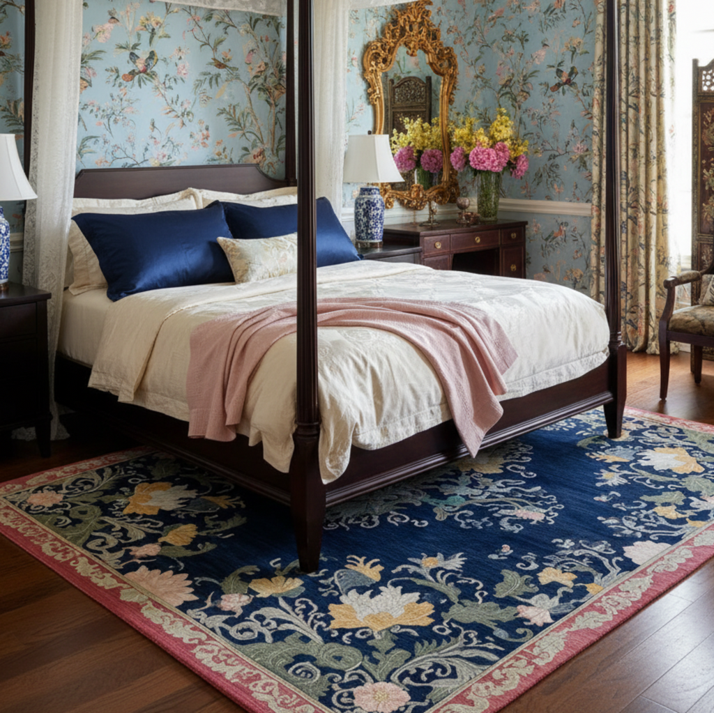 Decorative bedroom with floral wallpaper, four-poster bed, and ornate mirror.