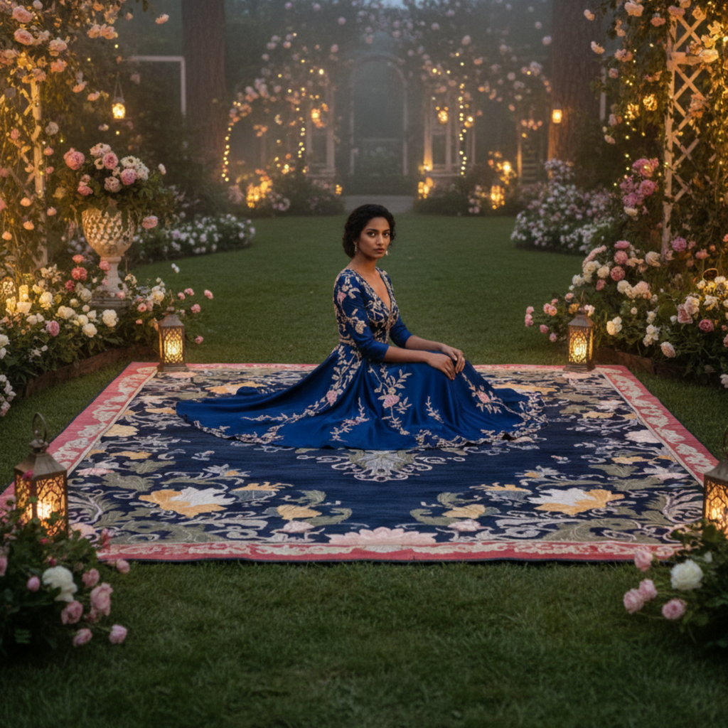 Woman in a blue dress sitting on a large decorative rug in a garden setting with flowers and lanterns.