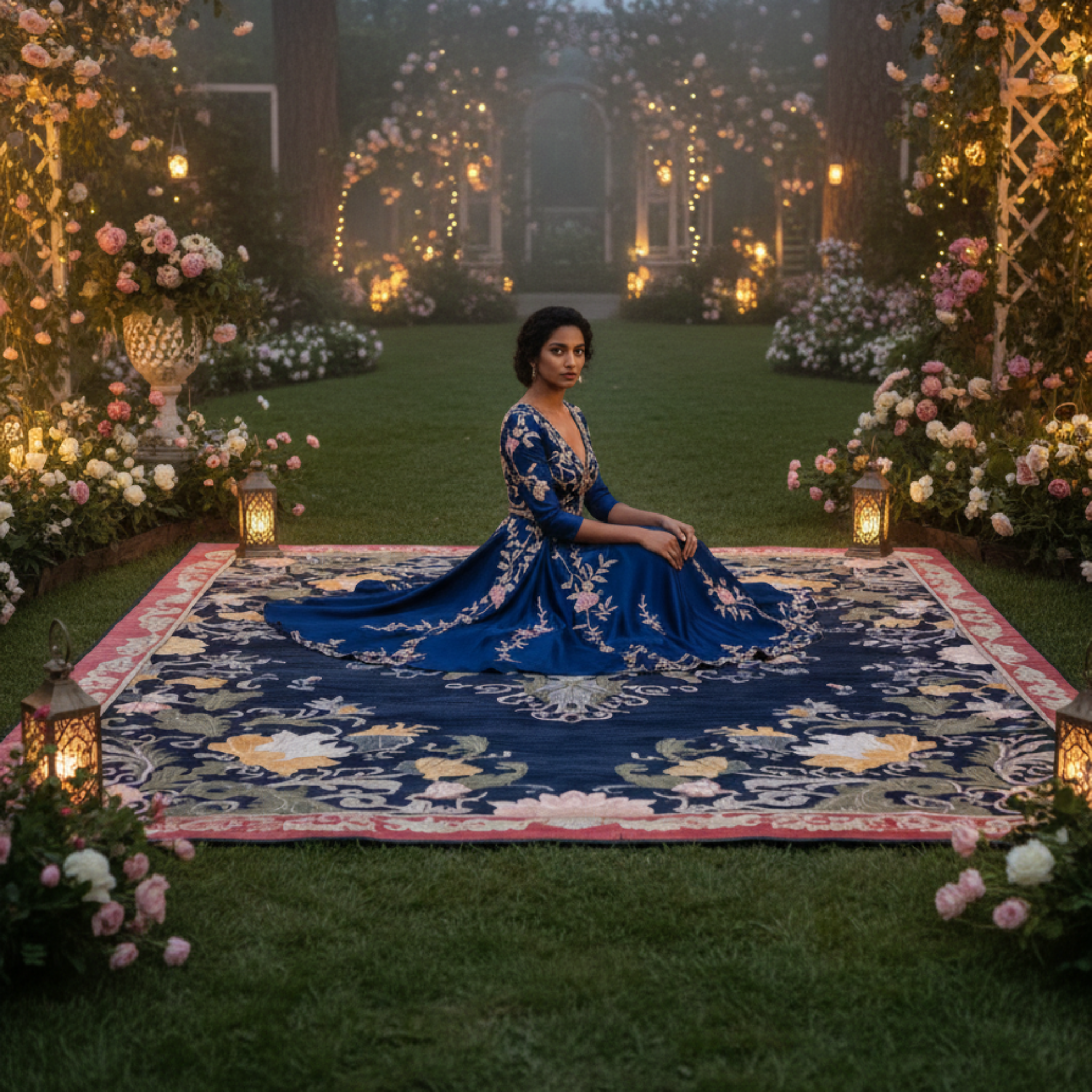 Woman in a blue dress sitting on a large decorative rug in a garden setting with flowers and lanterns.
