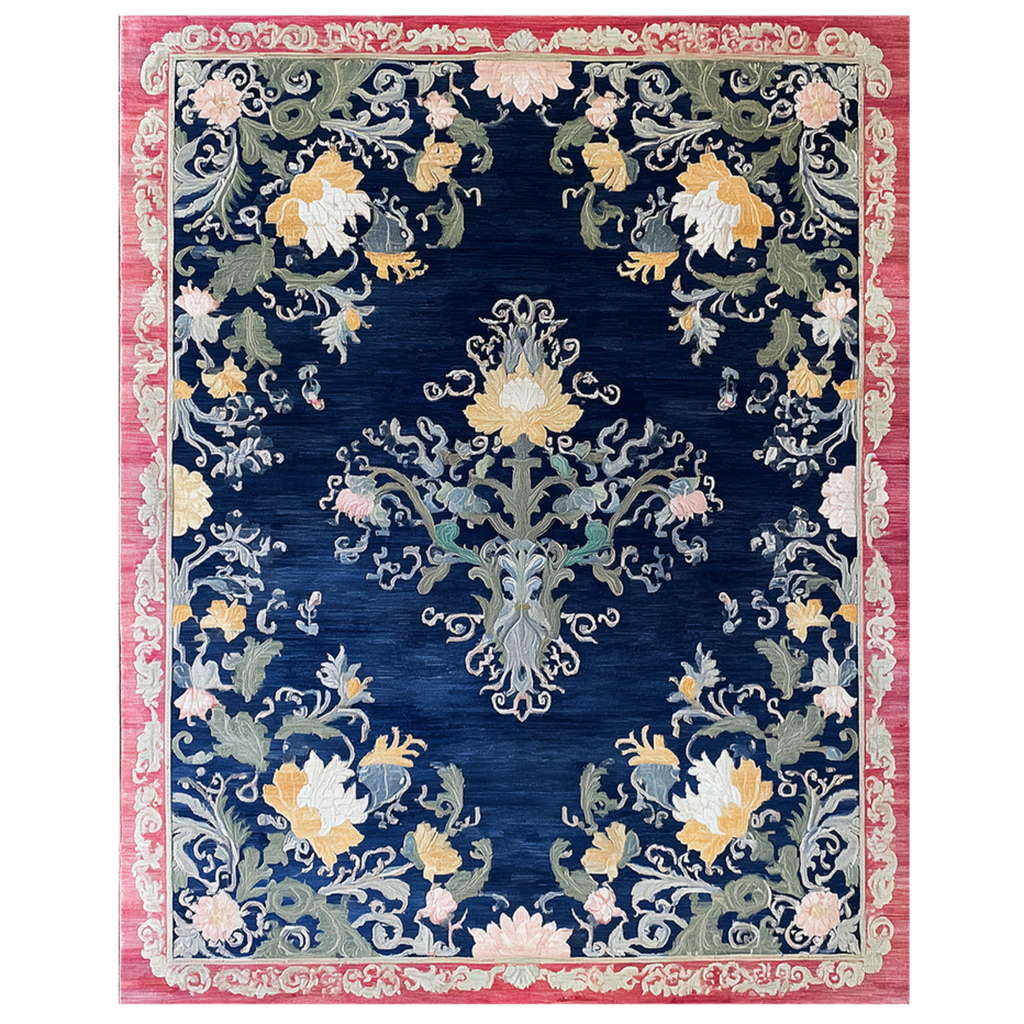 Decorative rug with floral and paisley pattern on a blue background