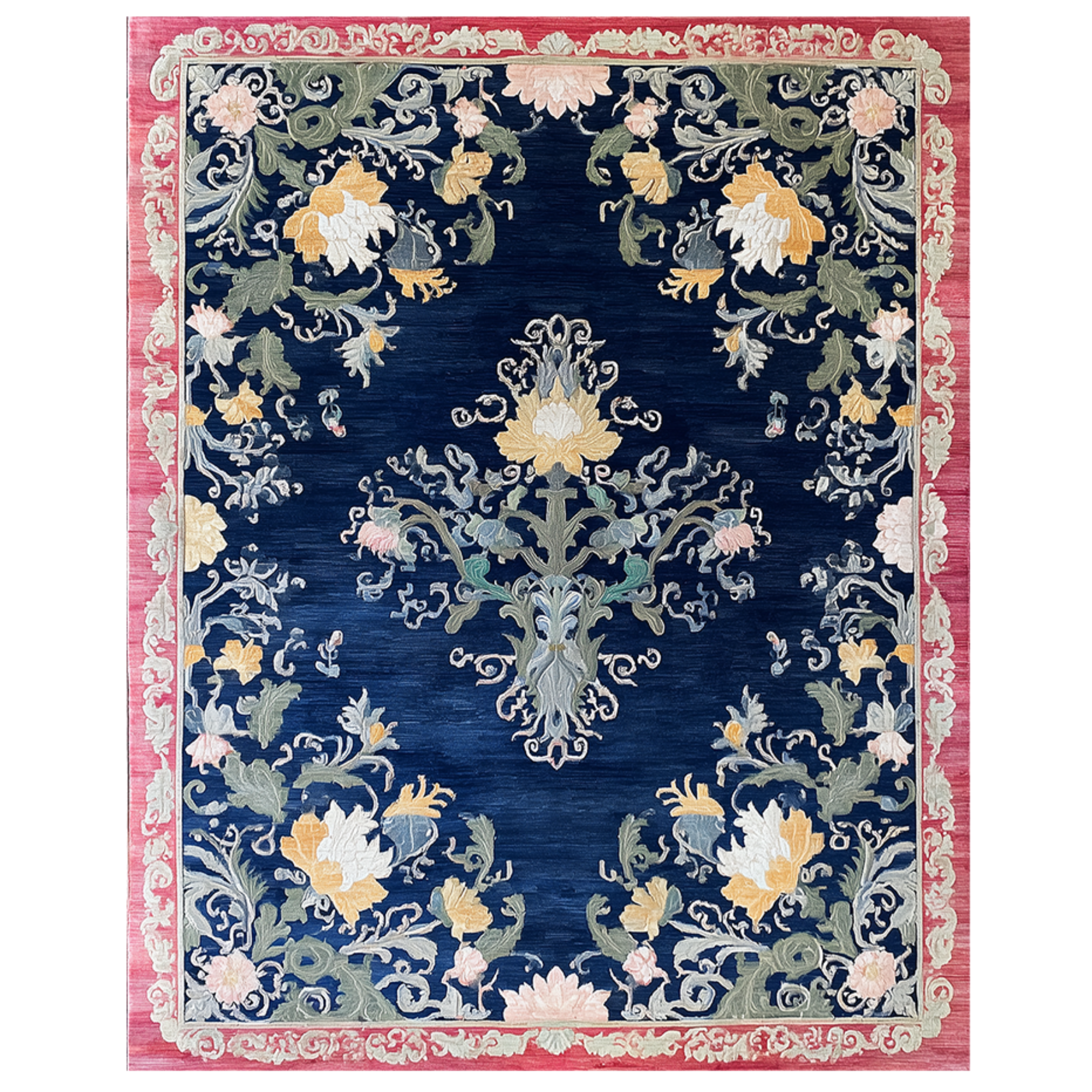 Decorative rug with floral and paisley pattern on a blue background