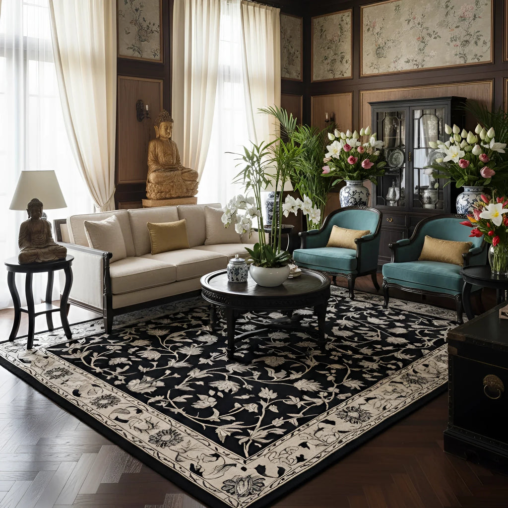 indo china living room black and white theme with Bloom After Dark Hand Tufted Wool Rug
