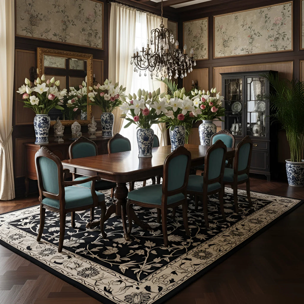 traditional indo china dining room with Bloom After Dark Hand Tufted Wool Rugs