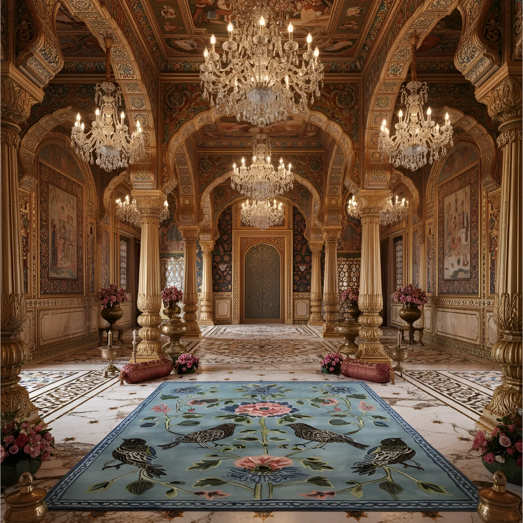 Blue Garden Song Hand Tufted Wool Rug in a grand palace