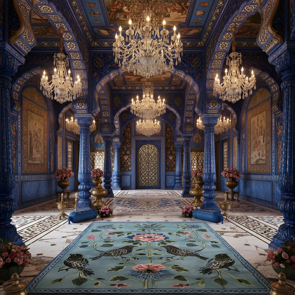 a blue palace hall with Blue Garden Song Hand Tufted Wool Rug