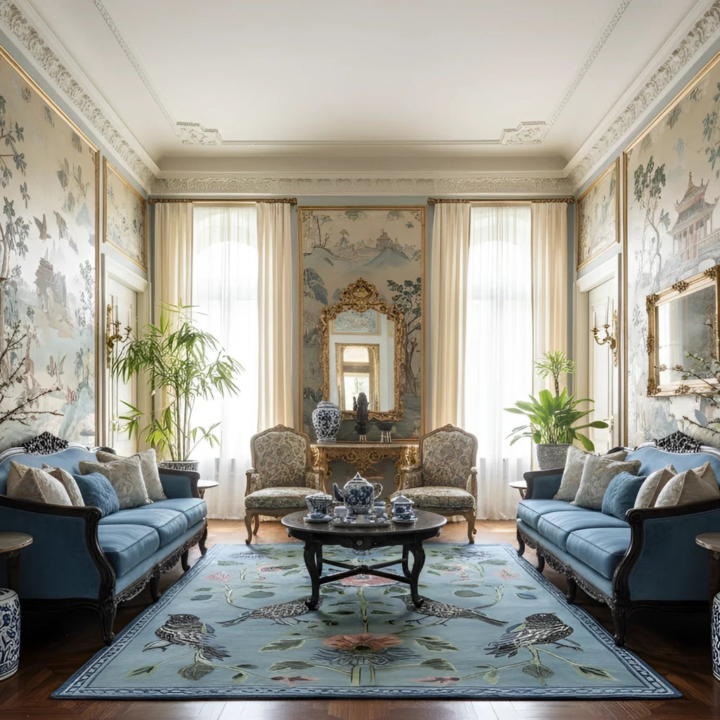 chinoiserie living room with Blue Garden Song Hand Tufted Wool Rug