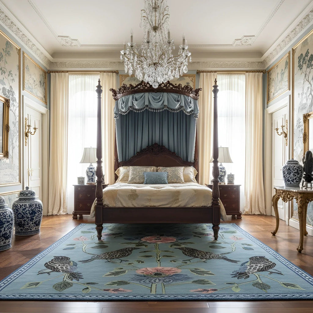 blue theme bed room chinoiserie and french style featuring Blue Garden Song Hand Tufted Wool Rug
