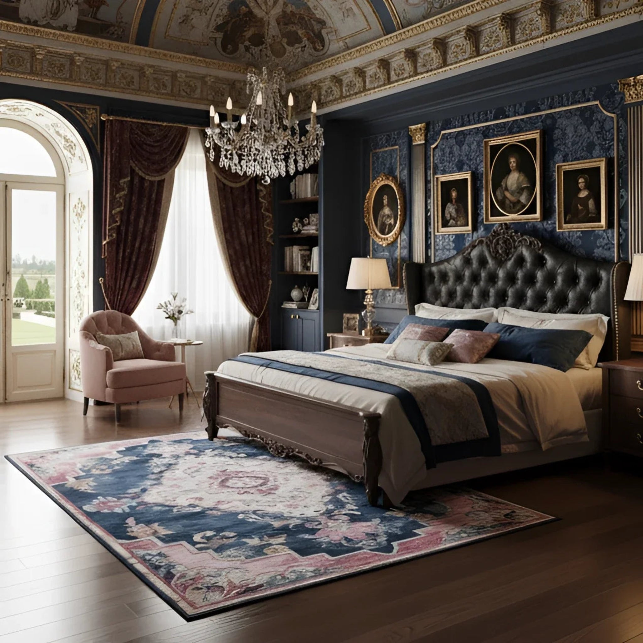 a blue french inspired bed room with Blush Symmetries Hand Tufted Rug 