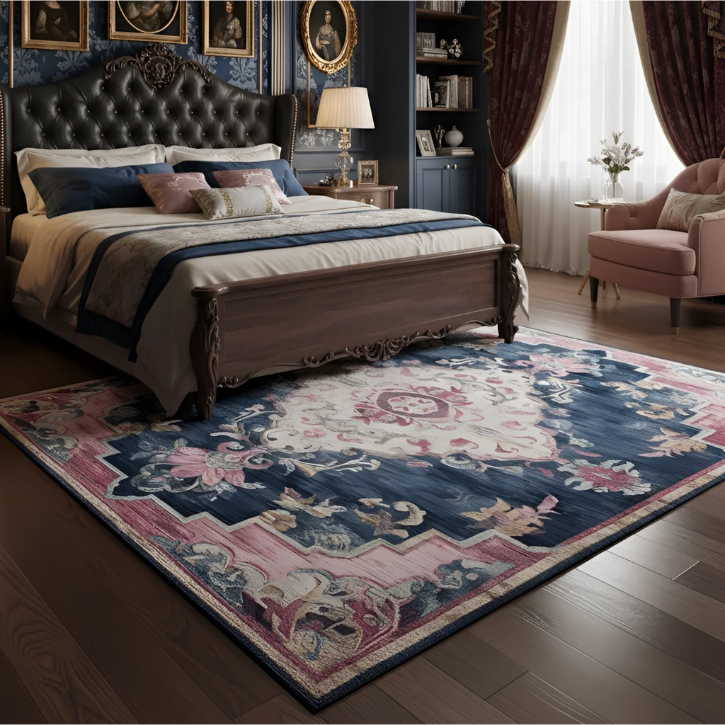 a vintage inspired tufted bed style with Blush Symmetries Hand Tufted Rug - rug
