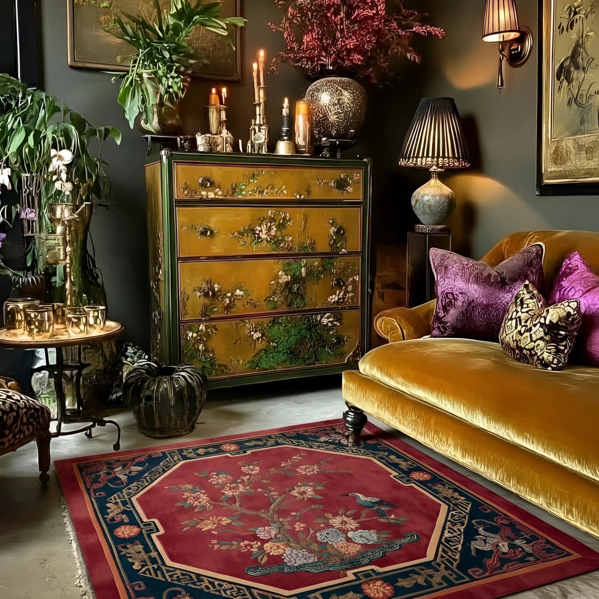 Decorative room with a vintage chest of drawers, yellow sofa, and ornate red rug.