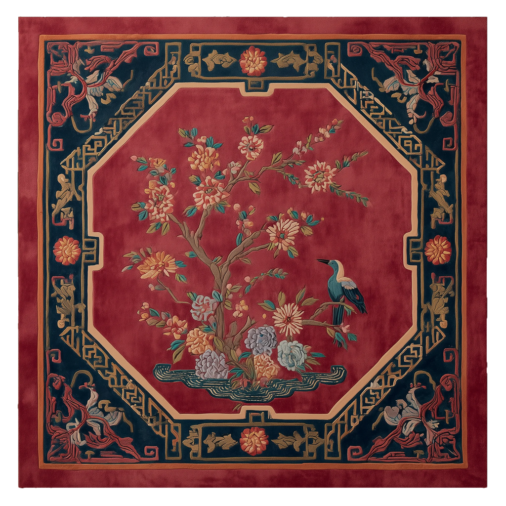 Decorative rug with floral and bird design on a red background