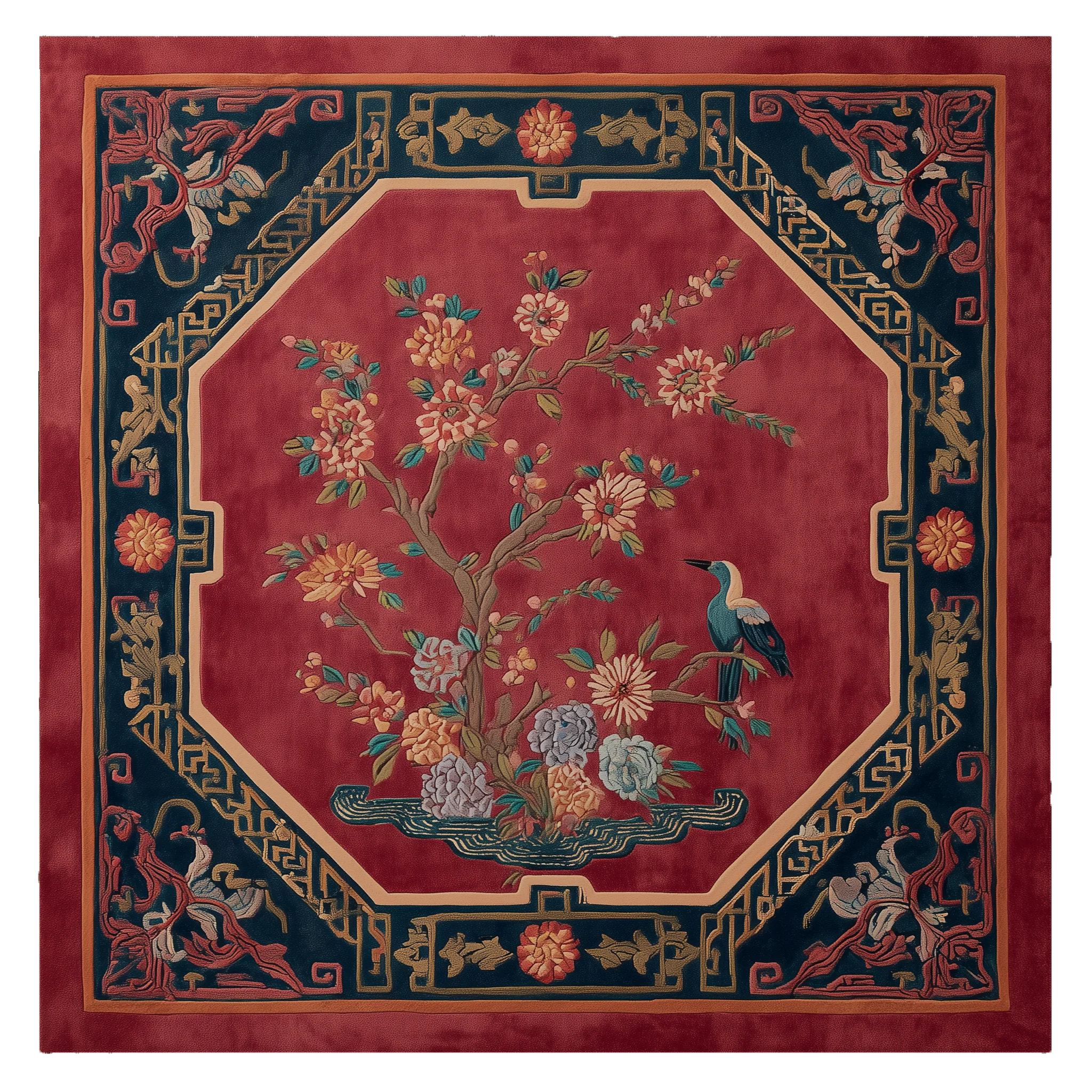 Decorative rug with floral and bird design on a red background