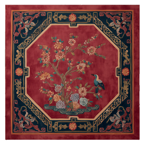 Decorative rug with floral and bird design on a red background