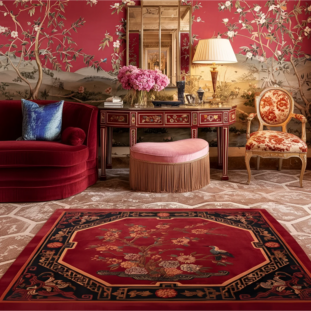 Luxurious living room with red walls, floral patterned rug, and ornate furniture.