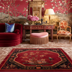 Luxurious living room with red walls, floral patterned rug, and ornate furniture.