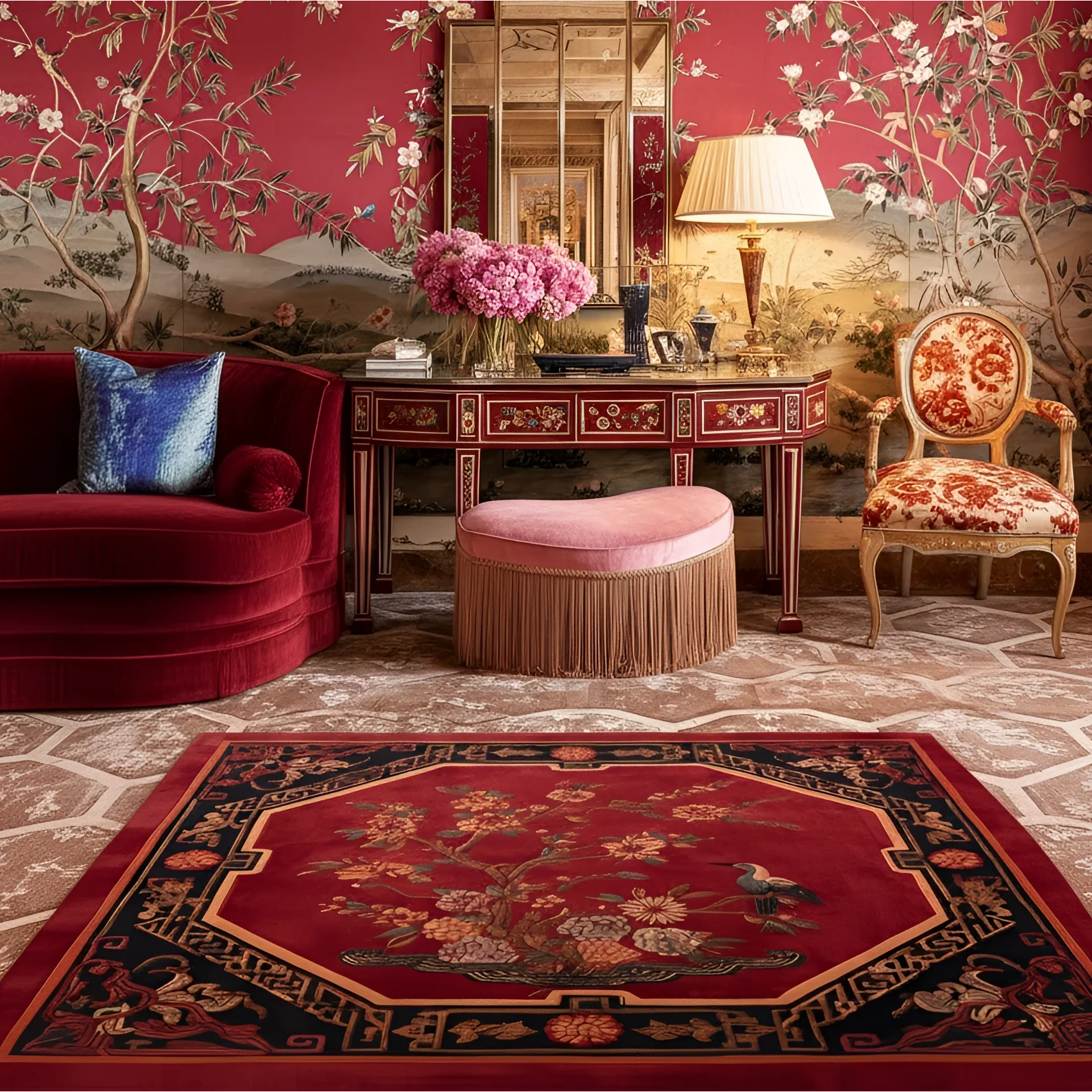 Luxurious living room with red walls, floral patterned rug, and ornate furniture.