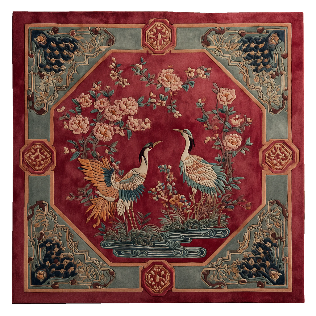 Decorative rug with crane design on a red background