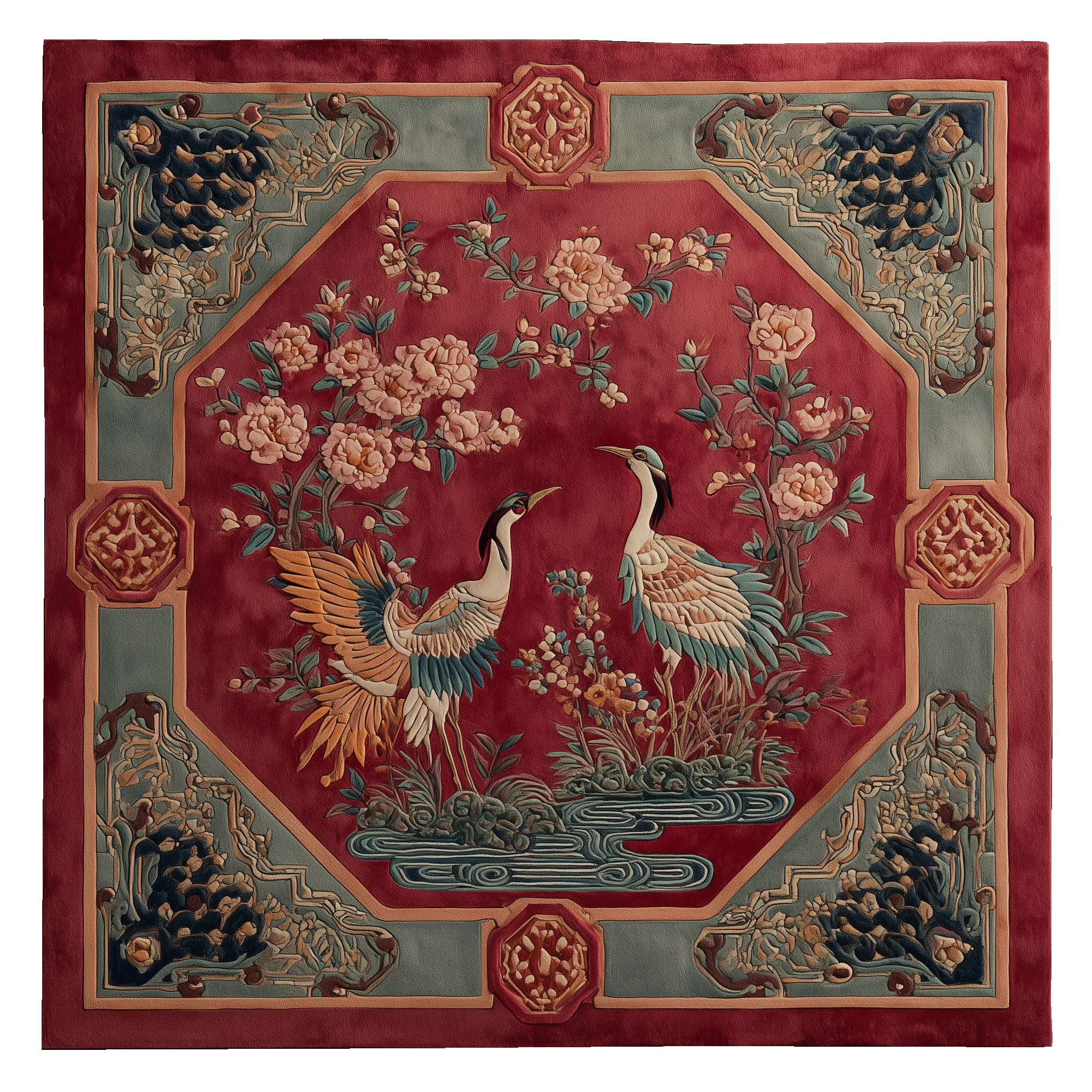 Decorative rug with crane design on a red background