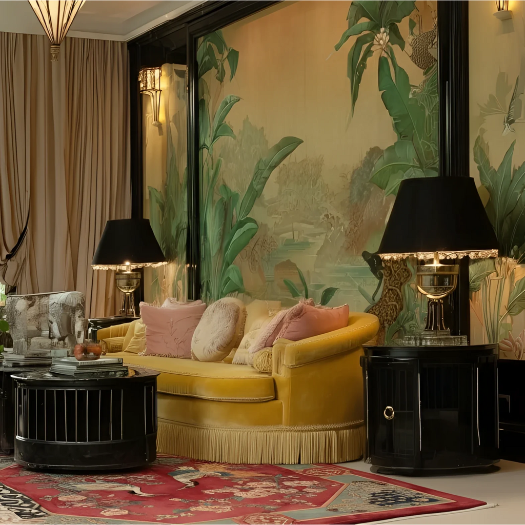 Luxurious living room with yellow sofa, decorative pillows, a red rug, and a large wall mural.