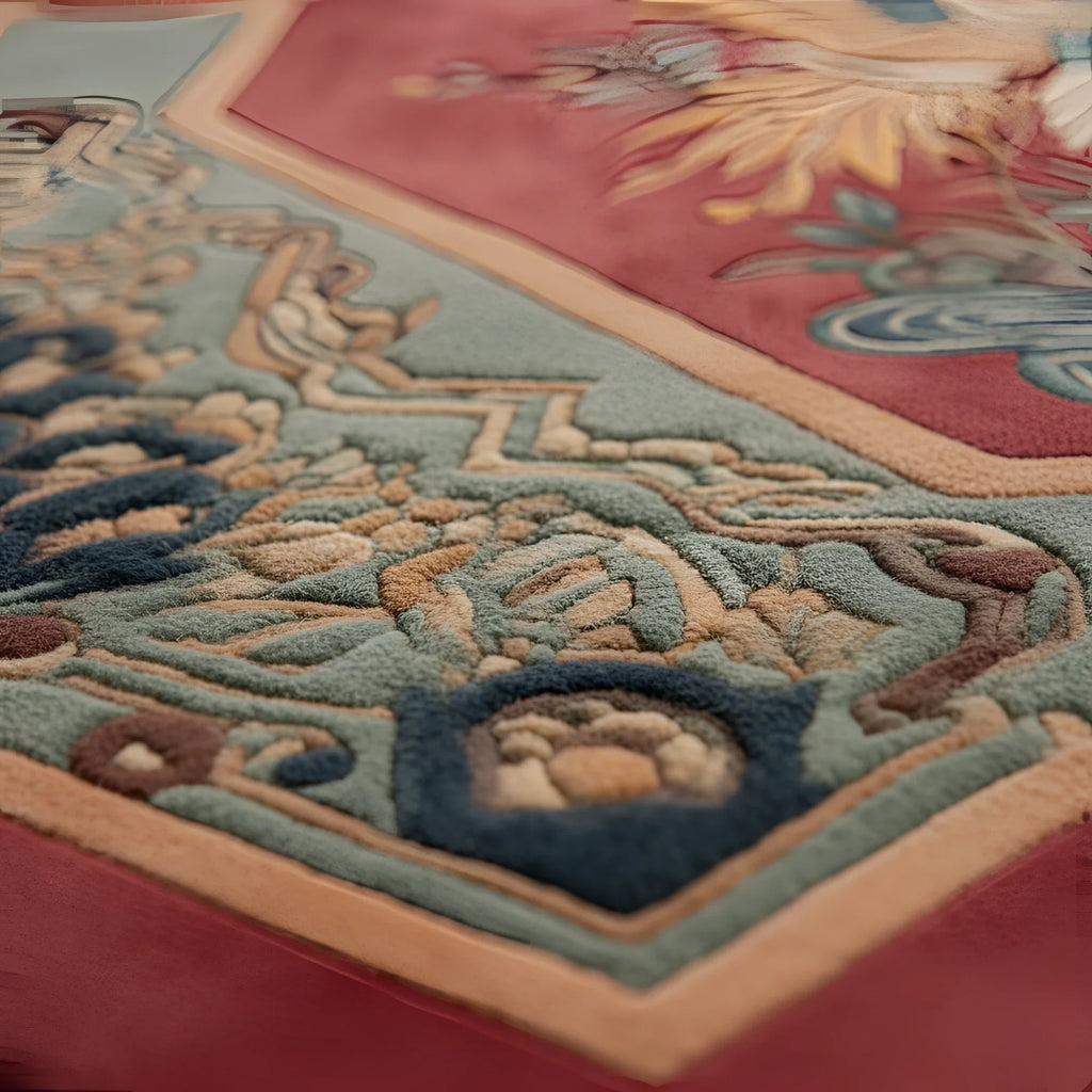 Close-up of an intricately designed rug with colorful patterns