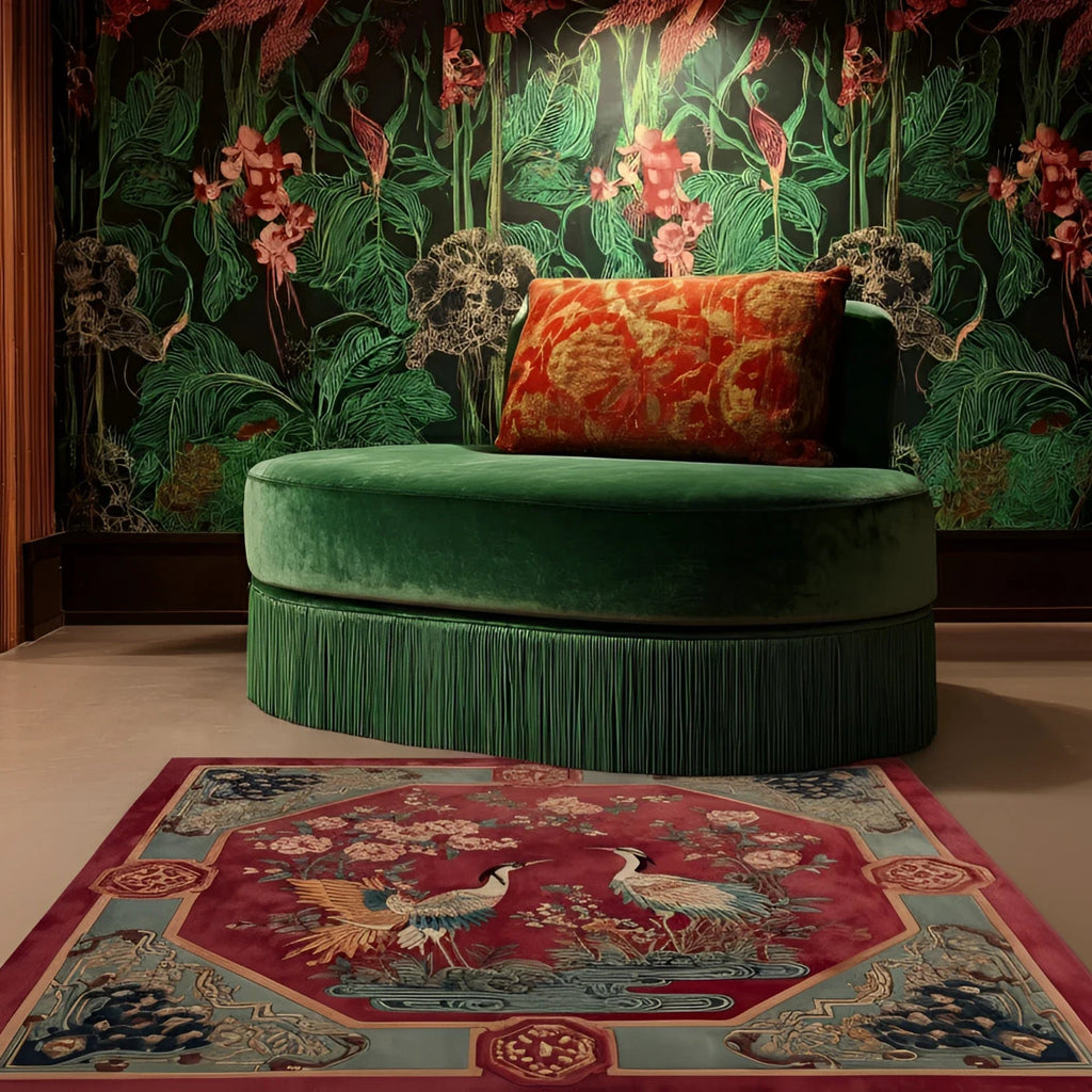 Green velvet sofa with a colorful pillow against a floral wallpapered wall, on a decorative rug.